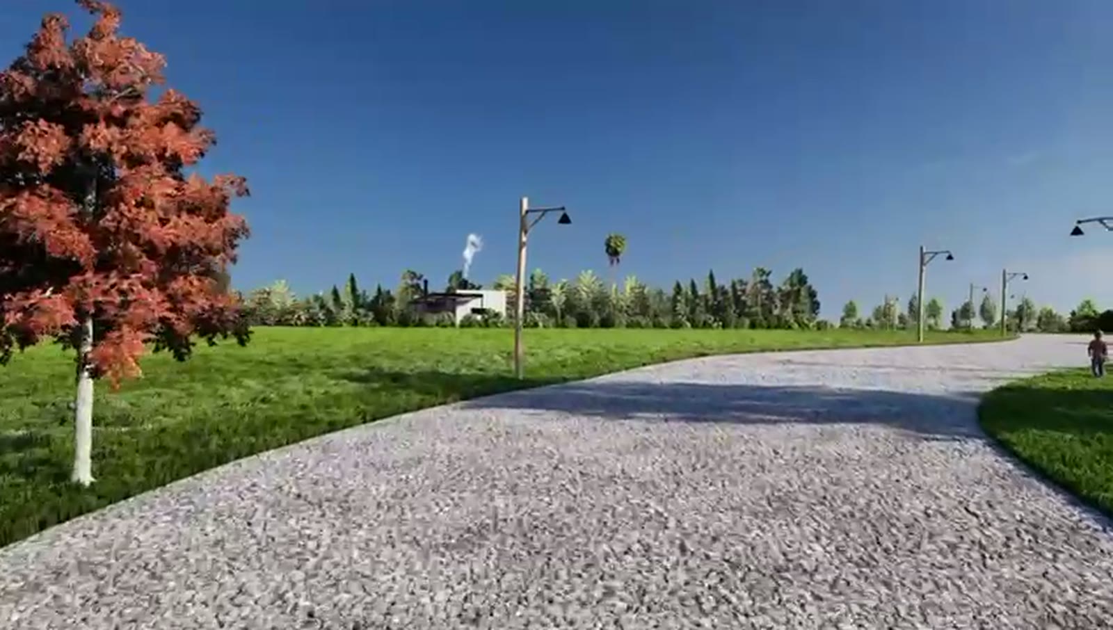 Calle interna arbolada con iluminación (render del proyecto)