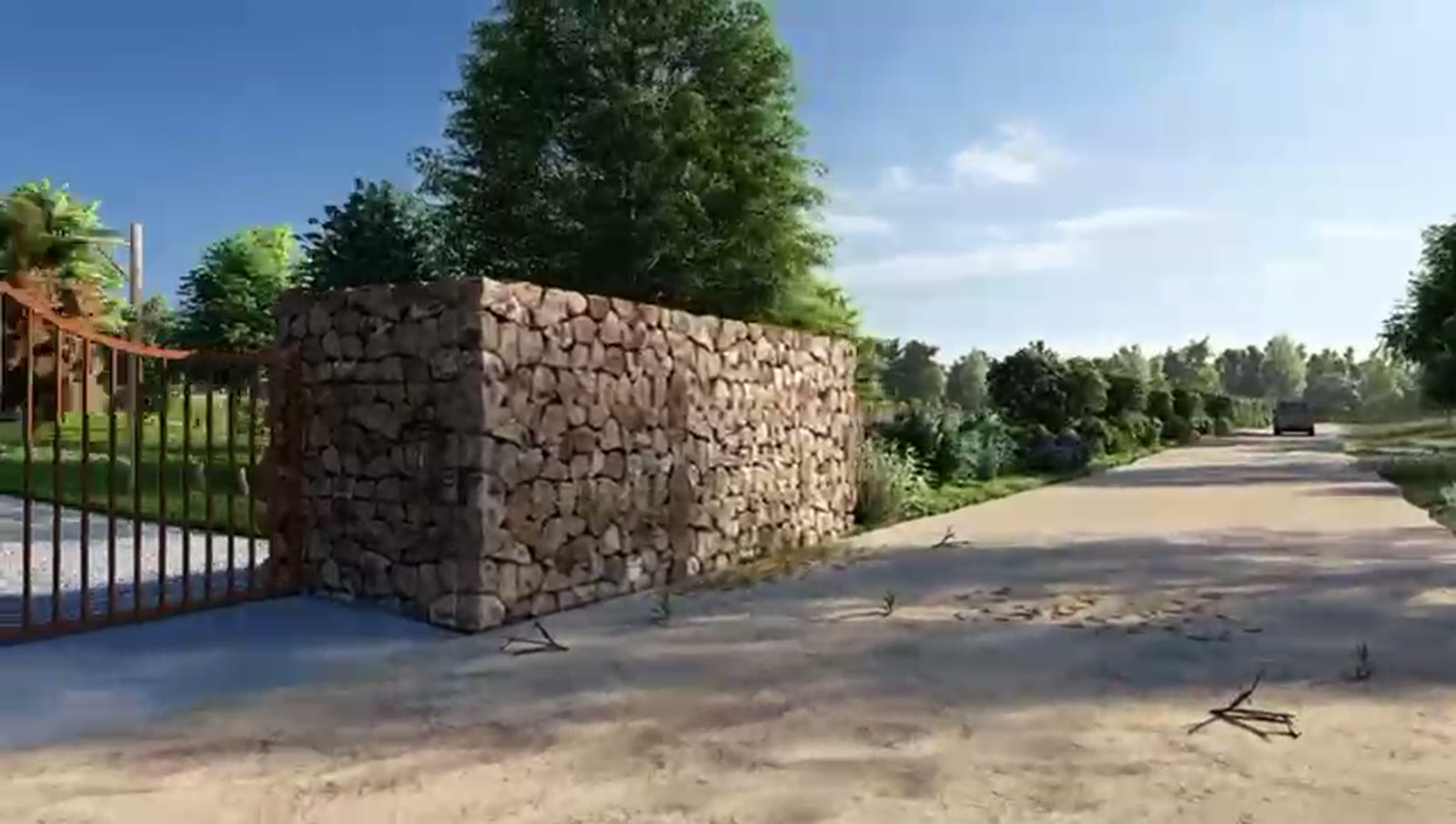 Acceso al barrio con portón y arbolado (render del proyecto)